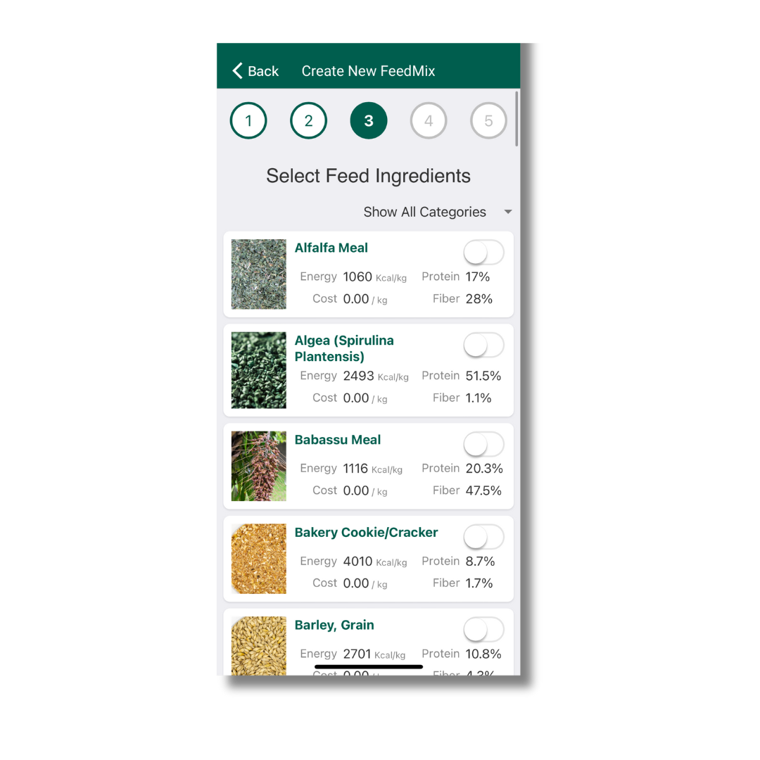 Select Feed Ingredients
Alfalfa Meal
Algea (Spirulina Plantensis)
Babassu Meal
Bakery Cookie/Cracker
Barley, Grain