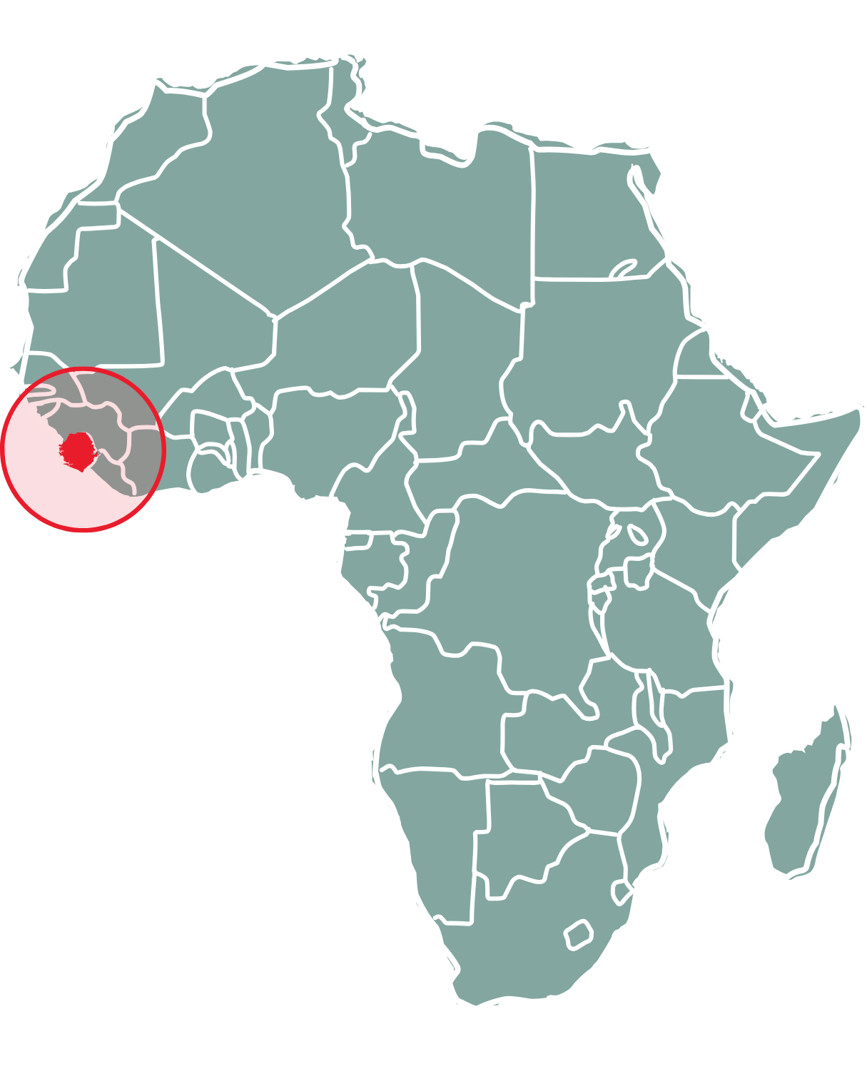 Contorno de África con Sierra Leona resaltada en rojo.